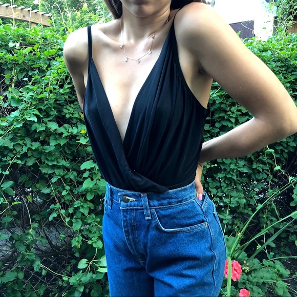 Draping Plunge Neckline Bodysuit in Grey/Black - Picture 2 of 6